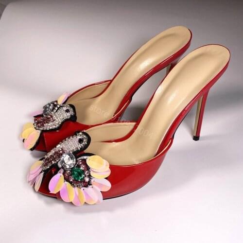 Jeweled Diamond High Heel Sandal Women Luxury PU Crystal Flower Rhinestone Slippers Woman Zapatos De Mujer