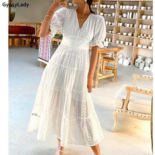 GypsyLady 100% Cotton White Lace Maxi Dress Hollow Out Casual Chic Summer Holiday Dress Ruffles Sheer Sexy Ladies Female Dresses