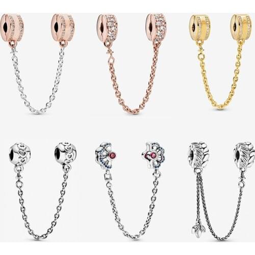 100% 925 Silver Dainty Charms Pand-Style Bracelet Moon Star Flower Petals Safety Chain Beads For Jewelry Making Prevent Lost