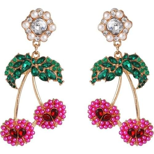 JURAN Fashion Cherry Fruit Simple Crystal Earrings For Women Sweet Pendant Dangle Earrings Girl Gift Korean Jewelry