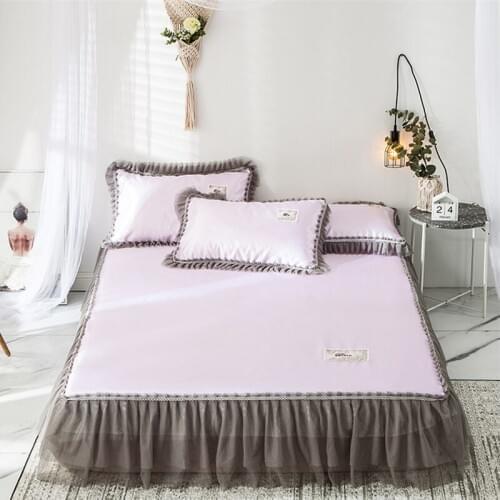 2/3pcs Lace Bed Skirt Set Sweet Summer Cool Viscose Bed Sheet Cover Solid purple Decor Bedding Twin Full Queen King Home Textile