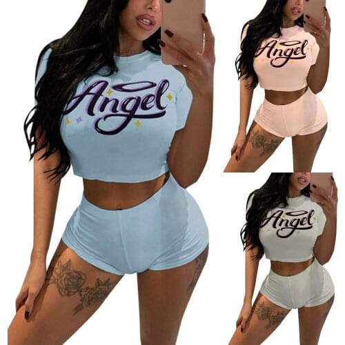 Women Two-piece Sleepwear Clothes Set,Pyjama Short Sleeve Round Collar Crop Tops and Shorts, Blue/ Pink/ Grey