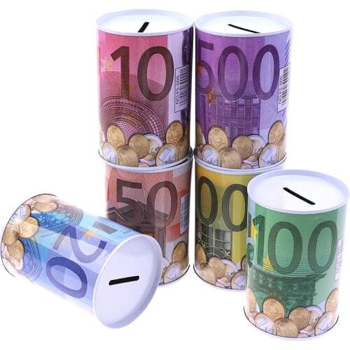 Euro Dollar Metal Cylinder Piggy Bank Saving Money Box Home Decoration