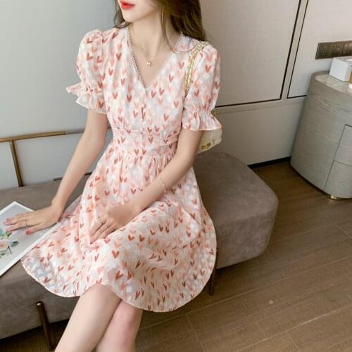 V-neck Lace Dress Female 2021 Summer New Flared Sleeve Love Pink Floral Chiffon Mid-length Dress Womens Short Chiffon Dress