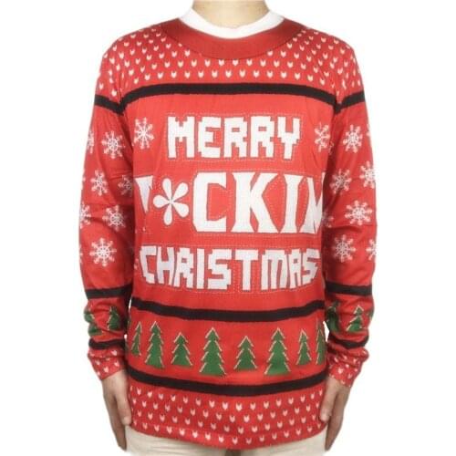 Tacky Letter Print Ugly Christmas T Shirt for Men Funny Mens Red Polyester Long Sleeve Holiday Season Ugly Xmas Party Tshirt
