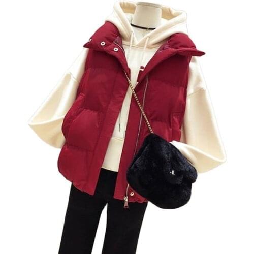 Plus Size Down Padded Jacket Vest Womens Korean Student Autumn Winter Loose Stand Up Collar Waistcoat Zipper Coat Femme