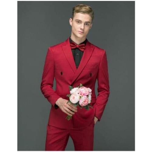 2018 Tailor Red Men Suit Slim Fit 2 Piece Wedding Suits Groom Prom Tuxedo Costumes Formal Blazer Terno Masculino Jacket+Pant