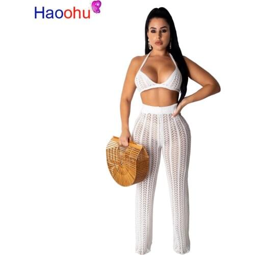 2019 New crochet knitted beach cover ups sexy women hollow out Top+pants cover ups Robe Plage Beachwear 2PCS/SET