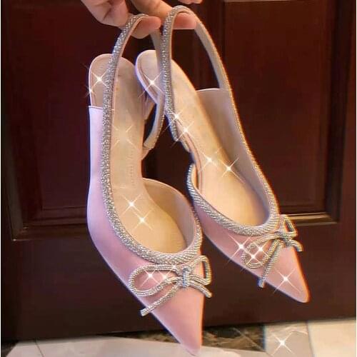 Spring 2021 New Pointed Stiletto Heel Side Empty High Heel Shoes Rhinestone Bow Satin Sandals Pumps Women