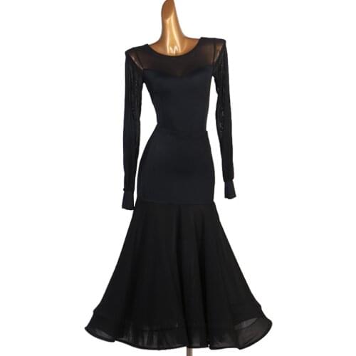 New Modern Ballroom Dance Costumes Female Long Sleeve Black Conjoined Bodysuit Latin Competition Dress Big Swing Skirt DQL3461