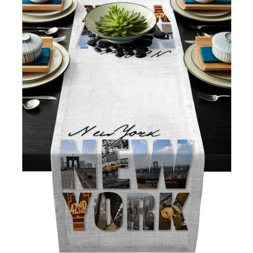 New York English Text Landscape Linen Cotton Table Runner Wedding Party Table Runners Dining Room Restaurant Tablecloth