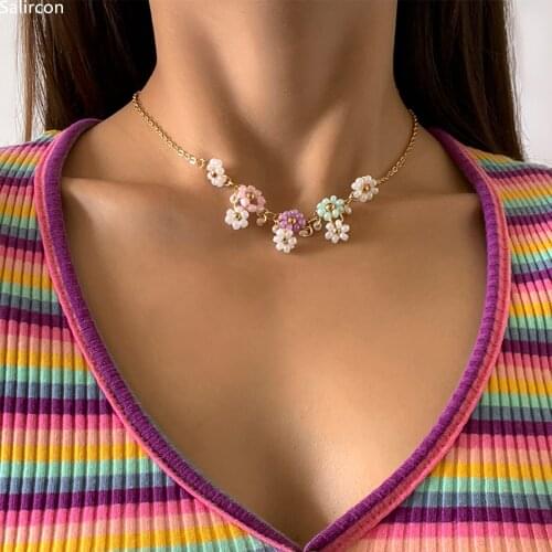 Korean Fashion Sweet Cute Rainbow Colors Flowers Pendant Necklace For Women Clavicle Chain Choker Necklace Aesthetic Jewelry