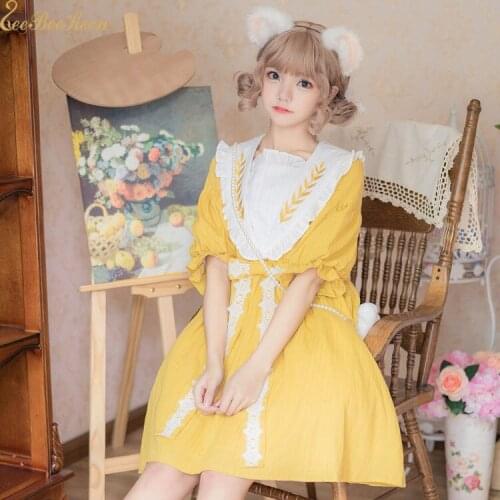 Adult Sweet Lolita Girl Dress Summer Cotton And Linen Dress Girls Cosplay Lolita Cute Bow Puff Sleeves Costume For Women