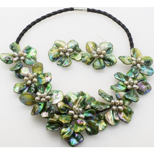Freshwater pearl green shell baroque flower necklace earrings 18inch FPPJ wholesale beads nature