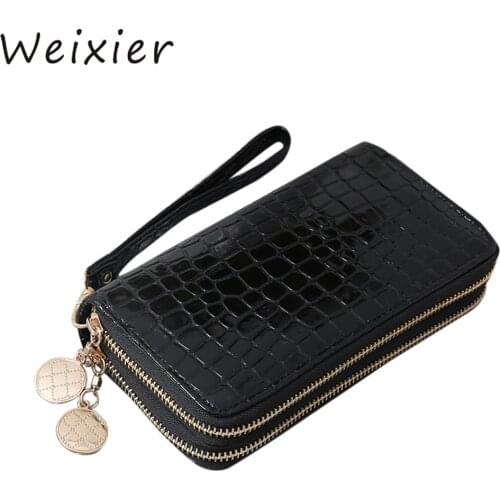 WEIXIER New Women Wallets Leather Wallet Double Zipper Day Clutch Large Capacity Wristlet Coin Purse Card Holder Billetera ZK-88