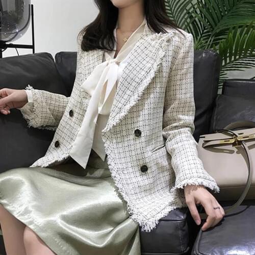 Bella Philosophy 2019 Autumn New Women Vintage Plaid Tweed Blazer Coat Lady Double Breasted Tassel Jacket Femme Office Outerwear