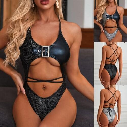 Womens solid bandage sexy European and American tight alligator metal buckle Bikini Swimsuit punk style SAGACE 2021