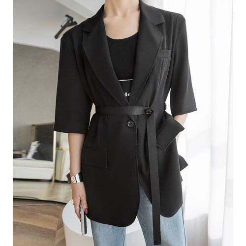 Ladies New Arrival Fashion OL Casual Blazers Professional Summer Korean Short-Sleeve Pocket Coat Belt Loose Black Suit Jacket