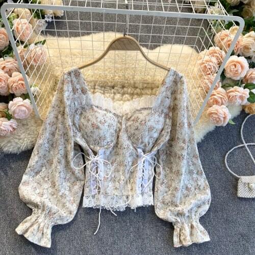 Floral Top Women White Sweet Square Neck Long Puff Sleeve Ruched Drawstring Crop Top Autumn Woman Party Blouse 2021 New