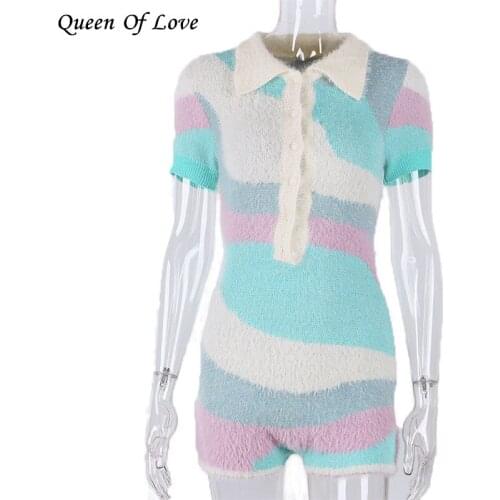 Casual Romper Sexy Women Y2K Hairy Knitted Bodysuits Sweet Girls Bodycon 2021 Summer Short Sleeve Striped Playsuit Plus Size 3XL