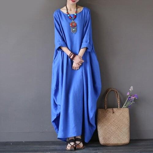 Elegant Plus Size Maxi Dresses For Women Solid Cotton Linen O Neck Longs Sleeve Dress Female Clothes Vestidos Vintage Sukienki