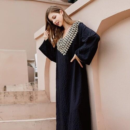 Vintage Ethnic Plus Size Maxi Dress for Women Autumn 2021 Elegant Lace Patchwork V Neck French Clothes Black 5XL 4XL HB613