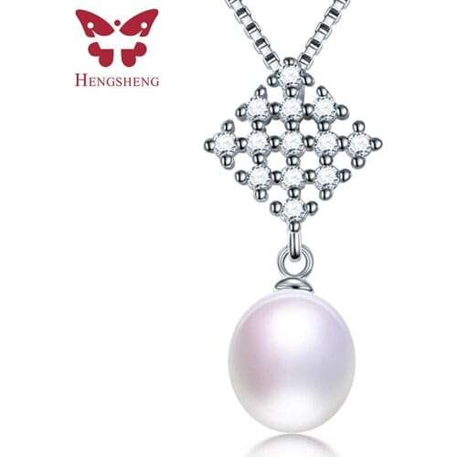 HENGSHENG Hot Sale 100% Genuine Natural Freshwater Oval Pearl Necklace 925 Sterling Silver Square Zircon Necklace Women Jewelry