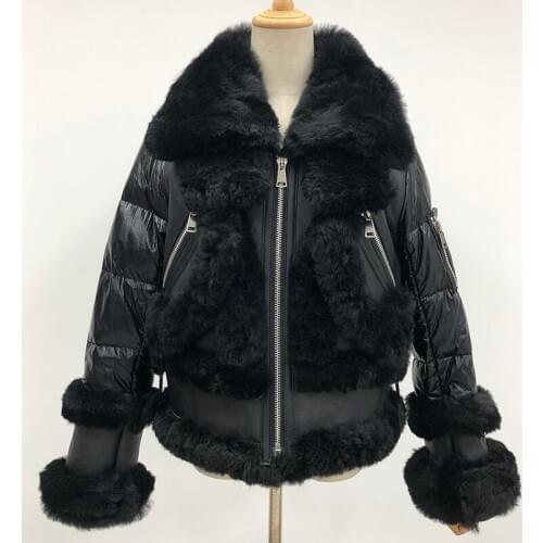 Winter Coat For Women New Style Fashion Black Puffer Duck Down Jacket With Genuine Leather Shearling MJF-DJ-01
