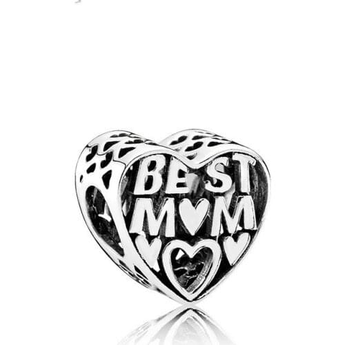 10PCS New Zinc Alloy Antique Silver Color Best Mom Big Hole Hollow Heart Shape Bead Fit European DIY Bracelet For Monther Gift