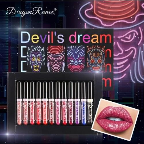 12pcs/set Metallic Lipstick Lip Make Up For Halloween Gift Lasting Red Lip Gloss Pearlescent Diamond Polarized Makeup Lip Stick