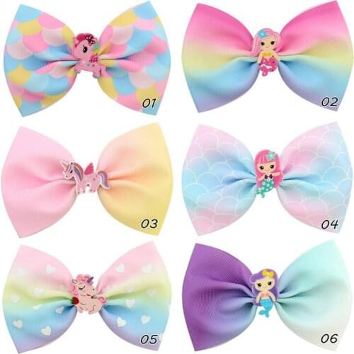 12pcs/Lot 4.5 inch Girls Hair Bow With Clips Rainbow Mermaid Handmade Children Hairpin Dance Party Hair Accessories