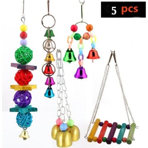 5PCs Colorful Swing Hanging Ring Parrot Toy Interactive Bird Toy Assorted Bite Resistant Bird Cage Toy Set Chew Toy