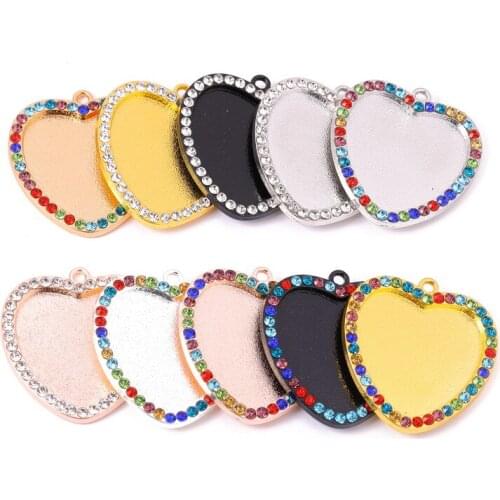 50pcs/lot 25mm Heart Shaped Rhinestone Cameo Cabochon Alloy Tray Setting Pendant Jewelry Accessories