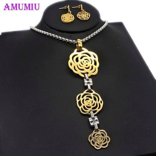 AMUMIU Bridal Flower Gold Jewelry Sets Necklace Bracelet Wedding Party Women JS246