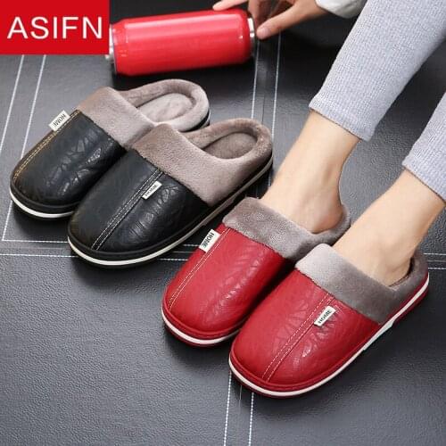 ASIFN Men Home Winter Slippers Women Memory Foam Non-slip Indoor House Warm Cotton Shoes Ladies Slippers with Fur Pu Leather