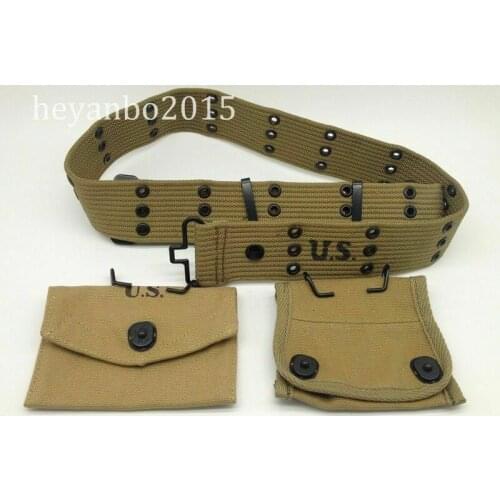 WWII Ww2 Us Army Canvas Belt & First Aid Kit Pocket & Compass Pouch SET WORLD WAR II SOLDIER MILITARY WAR REENACTMENTS 5605101