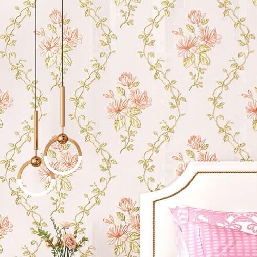 Q QIHANG European Three-dimensional Pastoral Floral Bedroom TV Background Non-woven Wallpaper Pink Color 0.53m*10m=5.3m2
