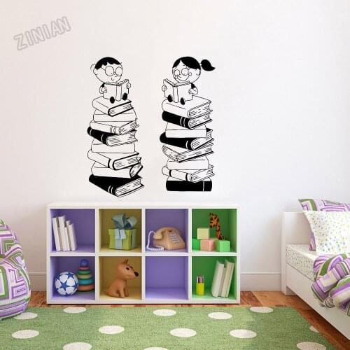 Book Room Wall Decal Two Kids Reading Book Wall Murals Nursery Children Room Vinyl Library Classroom Art Wall Decals Y267