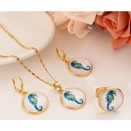 Dubai India Africa gold seahorse crystal set personality fashion girl bride engagement wedding ring earrings necklace to give