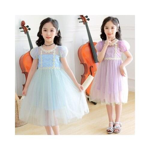 5-10 years old girl summer new childrens long hair princess dress flower girl stitching flower wedding dress