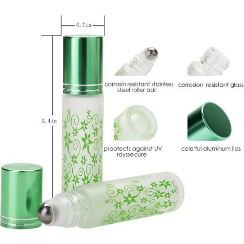 MUB - 5pcs/lot Frosted Printed 10ml Glass Perfume Roller Bottle Empty Refillable Portable Mini Essential Oil Bottle 6 Color