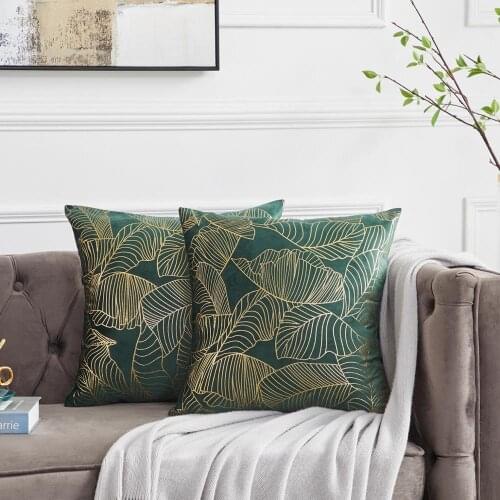 Modern Green Sofa Cushion Covers 45x45 Velvet With Gold Leaves Throw Pillow Covers 50X50 for Couch Bed Soft Square Farmhouse