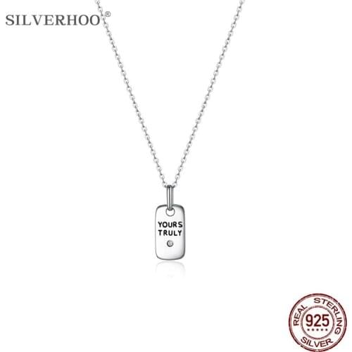 SILVERHOO 925 Sterling Silver Pendant Necklaces For Women Fashion Small Long Label Engraved YOURS TRULY Necklace Party Jewelry