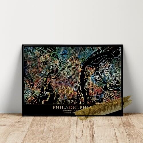 Philadelphia Geographic Position Poster, America City Map Wall Art, Black Background Colour Line Art Prints, Bedroom Wall Decor