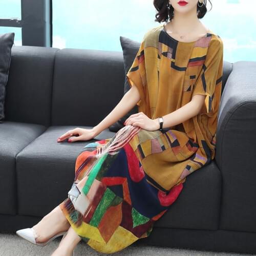 Imitate Real Silk Dress New Summer Autumn Sweet Women Dress Ladys Loose Print Casual Clothes Ladys Evening Party Dress