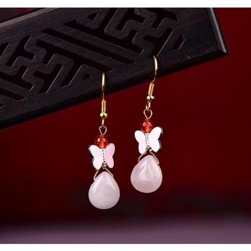 Simple Compact Fashion Pink Crystal Drop Earrings Retro Elegant Butterfly Earrings Dignified Graceful Jewelry Gift Classic