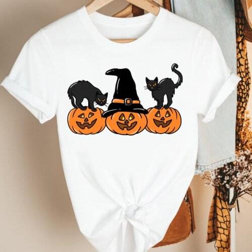 Halloween Casual Cat Witch Women Autumn Fall Thanksgiving Clothing Cartoon Print Tshirt Female Tee Style Top Graphic T-shirt