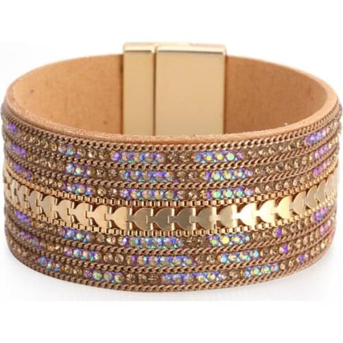 Leather Bracelets for Women Femme Crystal Lined Boho Wide Wrap Bracelets & Bangles Bracelet Female Jewelry