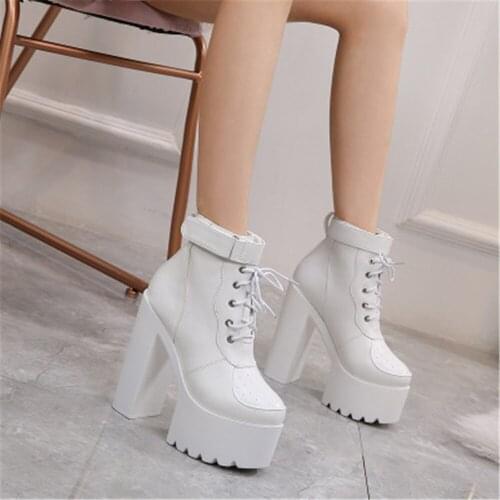 New Womens Sexy Winter Warm Leather Ankle Boots Platform Fashion Shoes Female Lace Up Thick High Heel Pumps Black White 34-39