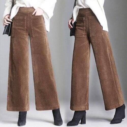 Corduroy Wide Leg Pants Women 2019 Autumn Pleuche High Waist Casual Loose Ankle-Length Pants Korean Palazzo Plus Size Trousers